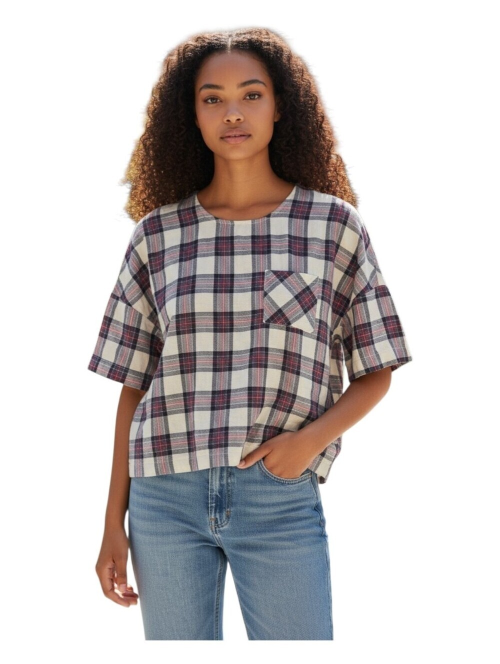 Zara Womens Plaid The Check Half Sleeve Box Fit Top Small
